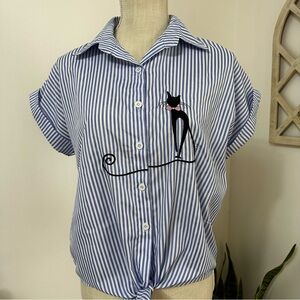 Roshop Cat Embroidered Blue and White Stripes Button Blouse